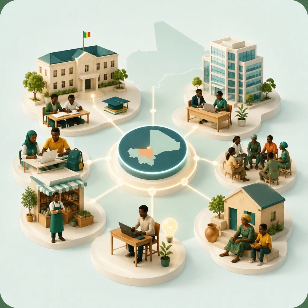 Illustration 3D des bénéficiaires et partenaires de BEA PRESTATION au Mali : écoles, entreprises, associations, étudiants, commerçants et particuliers