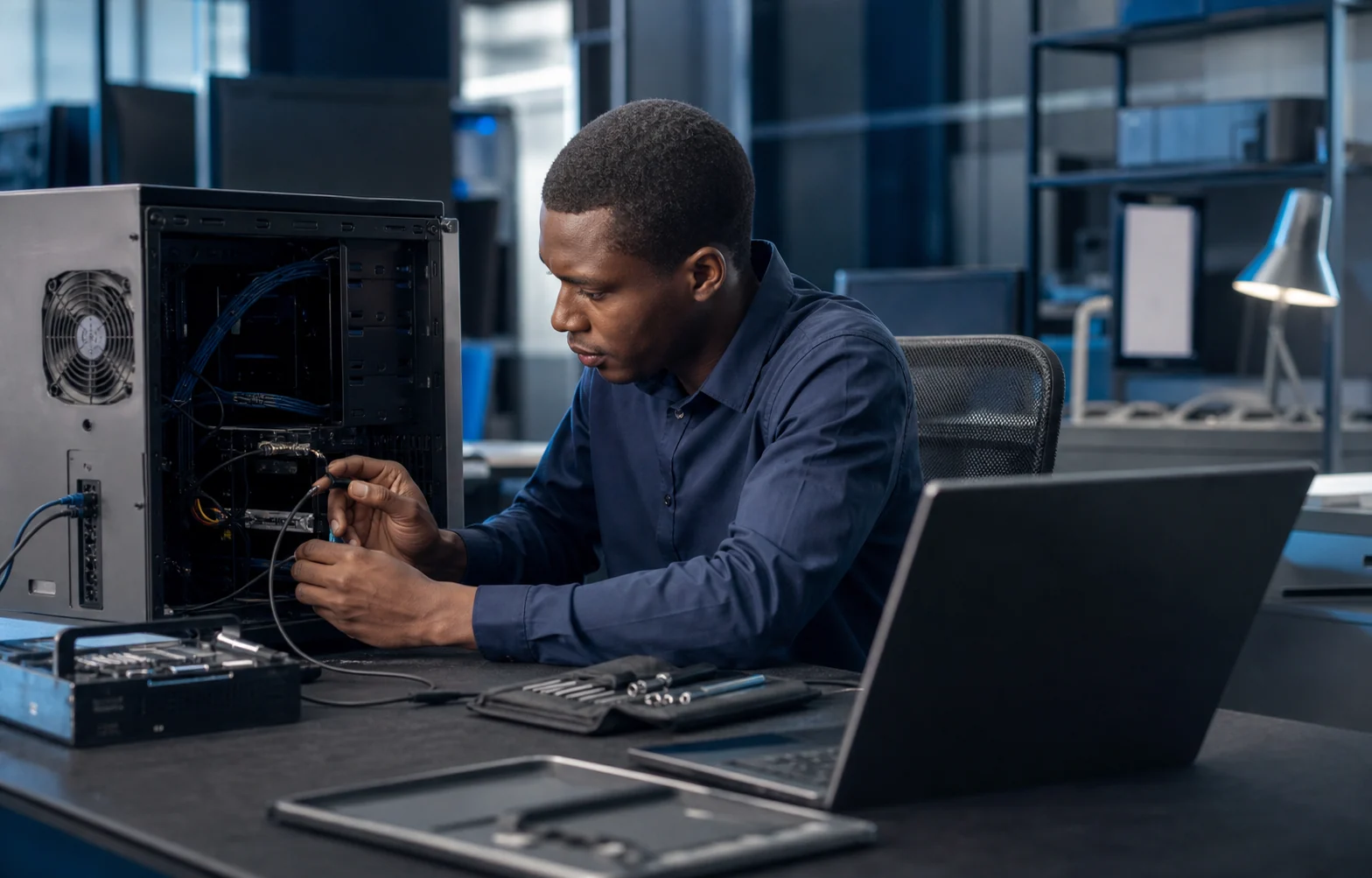 Technicien informatique intervenant sur un poste professionnel