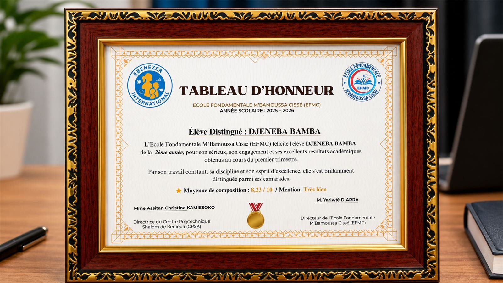 Tableau d'honneur encadré réalisé pour une école fondamentale